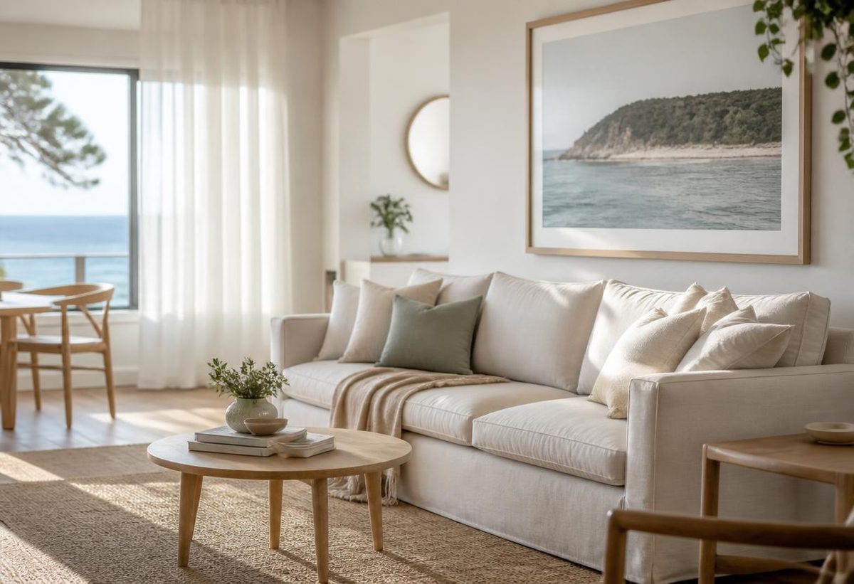 Bright, freshly cleaned coastal living room with ocean views