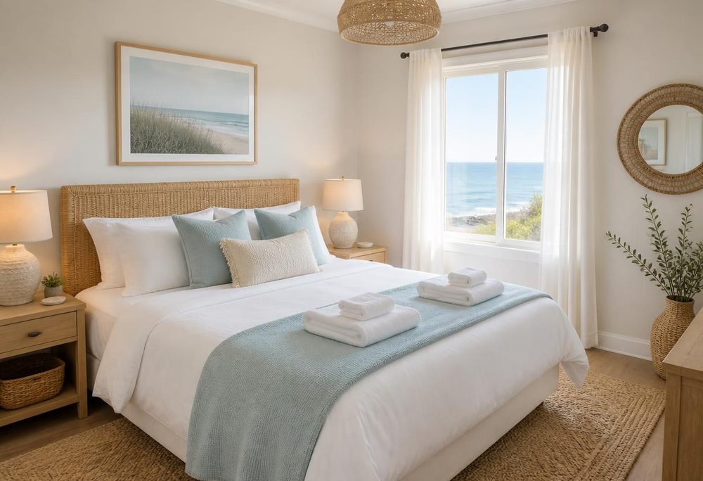 Holiday rental bedroom made up with fresh linen and towels for guests